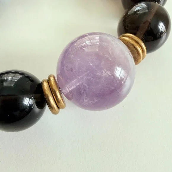 Large Unisex Smoky Quartz & Amethyst Statement Bracelet - 21mm - Picture 4 of 7